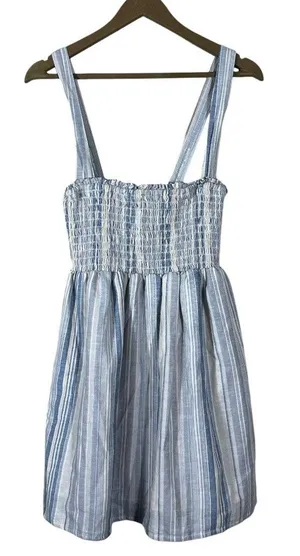 American Eagle Smocked Striped Linen Blend Mini Dress Blue White Boho Size S thumbnail 1