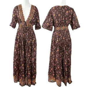 Free People Lysette Maxi Dress Floral Brown Small Bohemian Gypsy Hippie Bells thumbnail 9