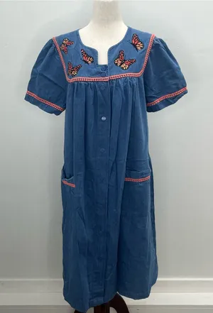Go Softly Patio Blue Denim Butterfly Embroidered Dress House Duster Medium thumbnail 1