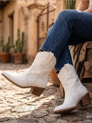 Journee Collection Western Booties Size‎ 9 White Pointed Toe Block Heel thumbnail 2