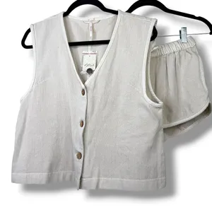 NEW Free People So Fresh Wet Plaster Neutral Button Vest Relaxed Lounge Set XS thumbnail 2