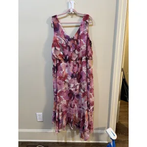 XSCAPE Women's Printed Chiffon High-Low Midi Dress Pink Floral Size 6 thumbnail 4