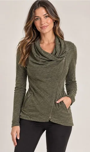 Forever21 Asymmetrical Zip Sweater Olive Green Medium Shacket thumbnail 1