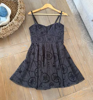 Zara Eyelet Bustier Mini Dress Womens Black Medium Cotton Smocked Back‎ LBD thumbnail 1