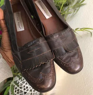 Etienne Aigner Brown genuine leather penny loafers flats oxfords tassel fringe mustache round almond toe Timeless old money, schoolgirl, office siren core thumbnail 1
