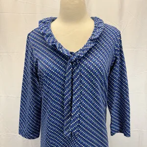 J. McLaughlin Catalina Jaclyn Dress M 3/4 Sleeve Ruffle Neck Tie Blue Stretch thumbnail 3