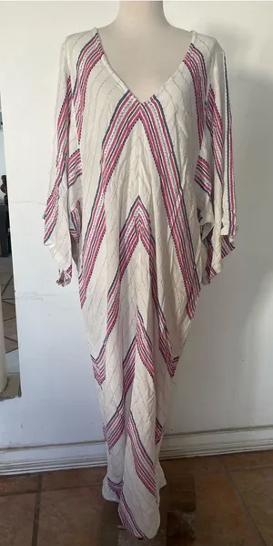 Cost Plus World Market Striped V-Neck Maxi Dress in Cream, Pink & Navy thumbnail 1