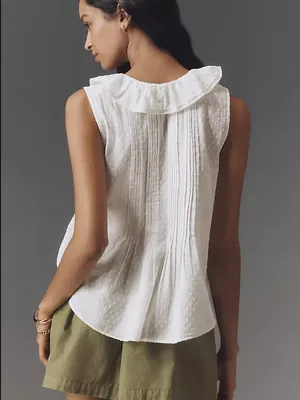 Anthropologie Sleeveless Pintuck Ruffle V-Neck Blouse Feminine Cotton Top Size L thumbnail 9
