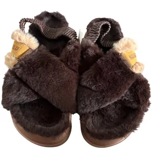 NEW KuaiLu Faux Fur Criss Cross Platform Sandals Sz 7‎ Brown Comfort Orthotic thumbnail 1