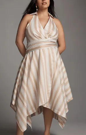 Anthropologie Maeve Asymmetrical Striped Wrap Halter Shirt Dress Size 14 Coastal thumbnail 1