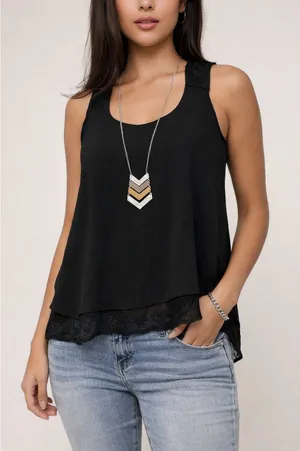 A. Byer Y2K Going Out Top Sheer Black Chiffon Layered Tunic Tank w Necklace Sz L thumbnail 1