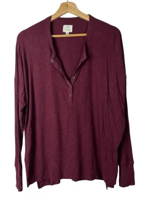 Aerie Offline Burgundy Red Ribbed Knit Relaxed Fit Henley Long Sleeve‎ T-Shirt S thumbnail 1