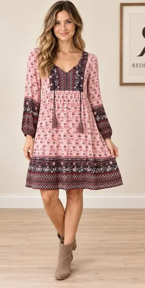 Knox Rose Pink Floral Boho Tassel Tie Long Sleeve Dress Medium thumbnail 1