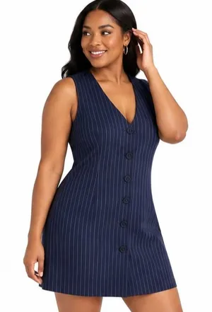 Steve Madden Womens Dress Size L Navy Pinstripe Sleeveless Button Front Career thumbnail 1