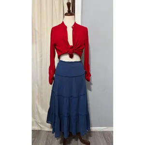 Chaps Maxy SKirt L‎ Navy Blue Crinkle Gauze Tiered Large Boho 100% Cotton Flowy thumbnail 3