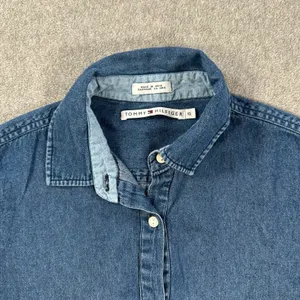 Tommy Hilfiger Women's 10 Floral Embroidered Blue Jean Denim Blouse Short Sleeve thumbnail 3