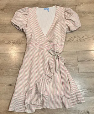 Draper James RSVP‎ Striped Puff Sleeve Wrap Dress Size Medium M Pink thumbnail 1