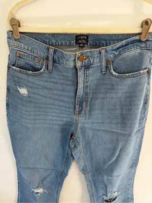 J. Crew Light Blue Flare cropped Jeans with Distressed Knees mid-raise thumbnail 3