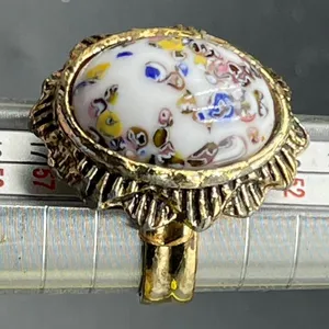 White Milk Art Glass Cabochon Adjustable Ring Vtg Gold Tone Size 7 thumbnail 3