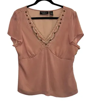 NYC Design Co Pink Embellished Blouse V Neck Sheer Sleeves Dressy Top‎ L thumbnail 1
