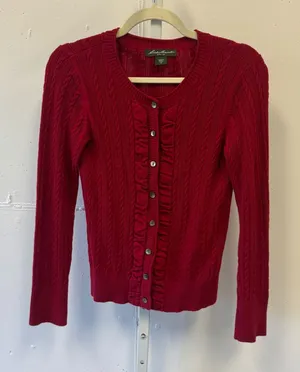 Eddie Bauer Red Cable Knit Ruffle Button Front Cardigan Sweater XS Holiday thumbnail 1