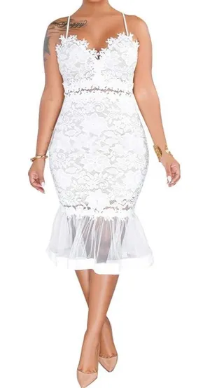 White Floral Lace Mermaid BodyCon Party Dress Sheer RuffleHem Size USXL (tag3XL) thumbnail 1