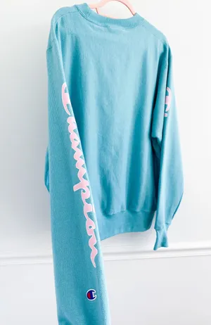 Urban Outfitters Champion Teal Pink Script Logo Crewneck Sweatshirt thumbnail 4