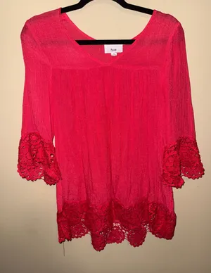 Womens Pink‎ Crochet Lace Trim Bell Sleeve V-Neck Gauze Boho Blouse L Festival thumbnail 1
