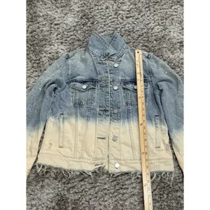 BLANKNYC Denim Jacket Ombre Dip Dye Star Embroidered Distressed Trucker Size XS thumbnail 11