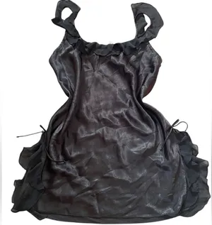 Oscar de la Renta Y2K Black Silky Satin Goth Glam Chiffon Ruffle Mini Slip Dress thumbnail 1