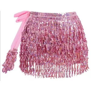 Pink Sequin Belly Dance Hip Scarf Tassel Wrap Sparkly Fringe Skirt ONE SIZE thumbnail 1