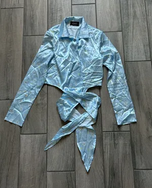 Cider Pale Blue Wrap Blouse with Tie Waist thumbnail 1