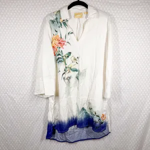 Anthropologie‎ Maeve Cream Floral Watercolor Linen Blend Tunic Top thumbnail 2