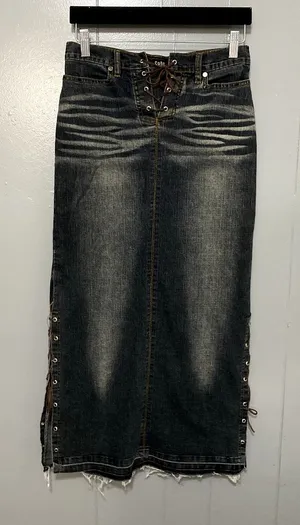 Vintage Y2K Street Code Blue Dark Wash Denim Lace Up Boho Midi Skirt 3/4 thumbnail 1