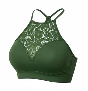 Zenana Outfitters Lace High Neck Bralette Crop Top Olive Green L XL thumbnail 1