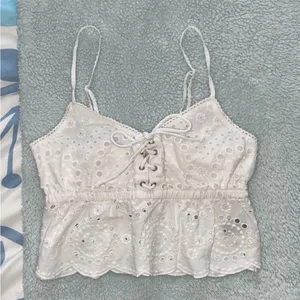 Aerie White Lace Up Eyelet Crop Cami Top thumbnail 1