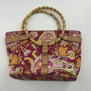 Ralph Lauren Vachetta‎ Leather Paisley Canvas Purse Handbag Round Bamboo Handle thumbnail 8