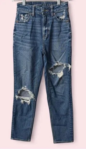 American Eagle Mom Straight Jeans Distressed 000 Regular Cool Torn Blue thumbnail 1