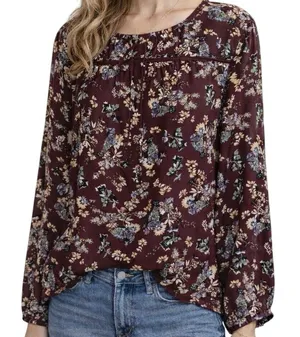 LOFT Floral Blouse XL Burgundy‎ Long Sleeve Boho Peasant Top Lightweight Women thumbnail 1