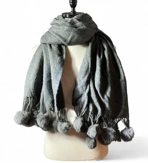 Luxury Grey Wool‎ Fur Blend Scarf with Pom Pom Tassels thumbnail 1