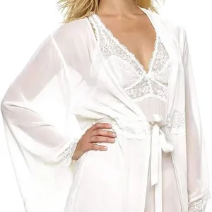 Jezebel Ivory Chiffon Lace Trim Robe Kimono‎ Sheer Bridal Loungewear OV-1601 S/M thumbnail 5