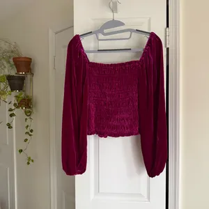 Anthropologie Jewel-Tone Pink Puff-Sleeve Velvet Blouse Peasant Smocked - Size S thumbnail 7