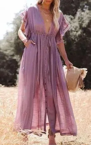 VICI Mauve Purple Button Front Cinched Waist Maxi Dress thumbnail 3