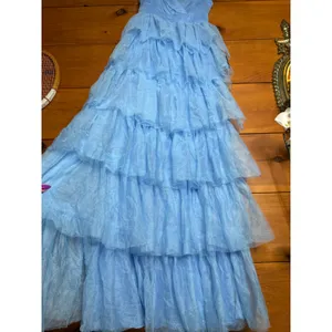 NWT Lulus Rule the Runway Light Blue Tulle Surplice Tiered Maxi Dress Gala Sz M thumbnail 6