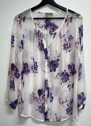 Lucky Brand Womens Sheer Floral Top Size L White Purple Blue Floral Popover thumbnail 1