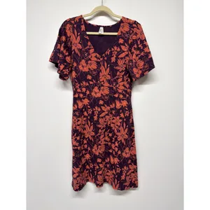 PACT Easy Fit & Flare Dress Plum Botanical Organic Cotton Flutter Sleeve Small thumbnail 2