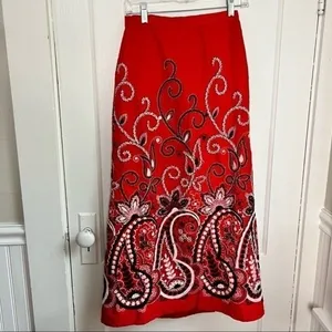 Red Embroidered Paisley Boho Maxi Skirt Small Peasant Maximalist thumbnail 2