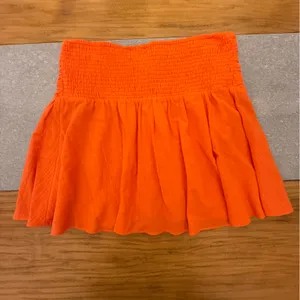 Free People Orange Smocked Elastic Waist Mini Skirt Pleated Gauze Ruffles Large thumbnail 3