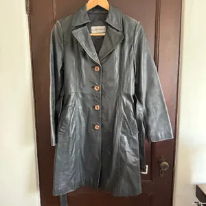 80s Vintage Emotion Dark Gray Leather Trench Coat with Belt | Small Retro thumbnail 3