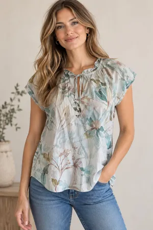 Parker watercolor floral blouse Medium cap sleeve button tie front thumbnail 1